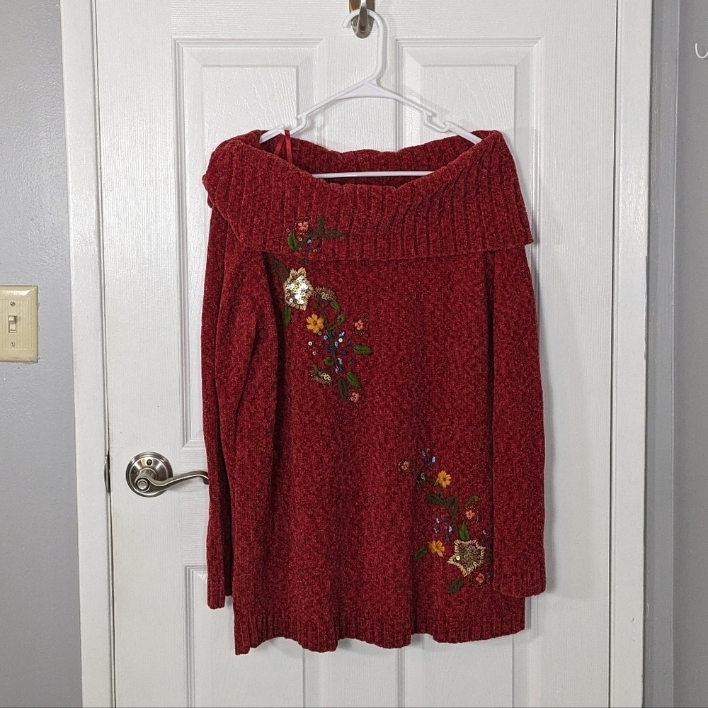 Vintage Essentials by Maggie Red Floral Sequin‎ Embroidery Sweater Size 14/16